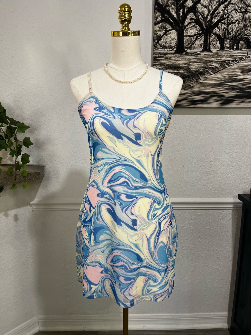 SO Vintage Y2K Pastel Blue Swirl Mini Slip Dress Large